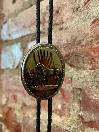 Silver Horses Feather Backdrop Bolo Tie
