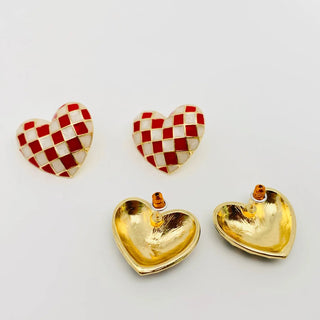 18k Gold Checkered Enamel Heart Earrings