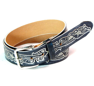1 1/2" Leather Blue Stained Floral Belt
