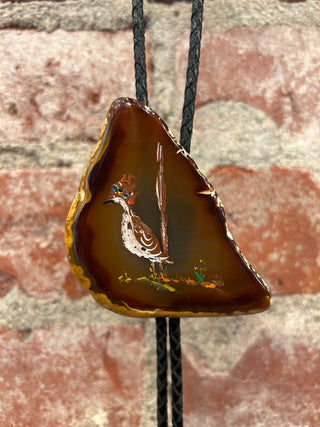 Hand Painted Road Runner Sliced Agate Bolo Tie
