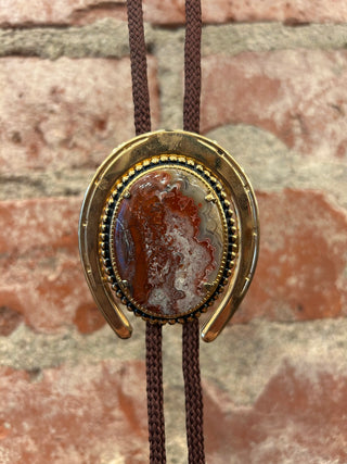 Crazy Lace Agate Gold Horseshoe Bolo Tie