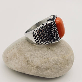 Coral Stone Stainless Steel Biker Ring