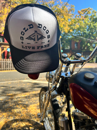Gold Dogs Live Free Black/White Trucker hat