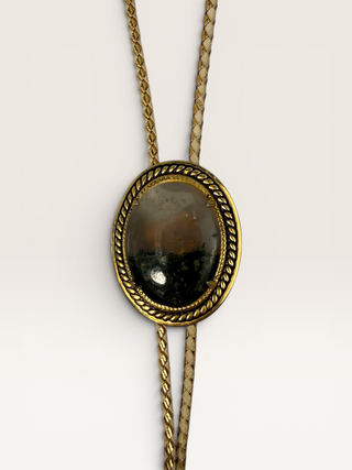 Vintage Moss Agate and Brass Bezel Bolo Tie