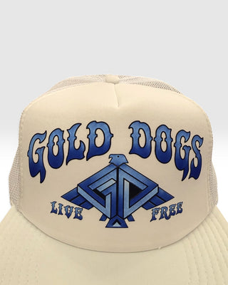 Gold Dogs Live Free White/Blue Gradient Flat Brim Trucker Hat