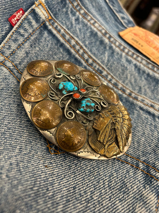Turquoise, Coral, and Buffalo Pennies Belt Buckle