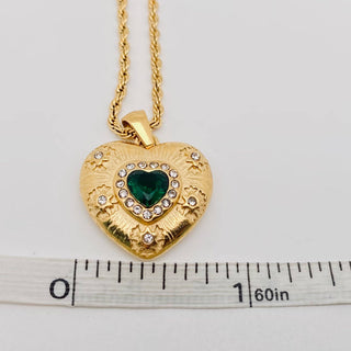 Green Zircon Stainless Steel & Gold Heart Pendant Necklace