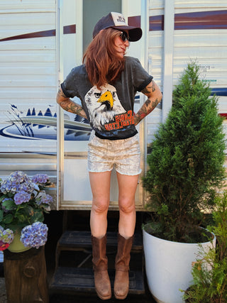 Hideaway Camo Washed Denim Fringe Shorts