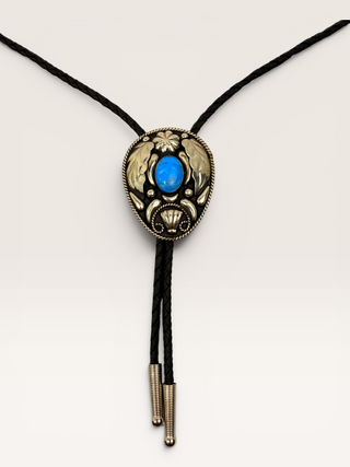 Vintage Silver and Blue Stone Ornamental Bolo Tie