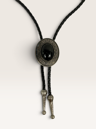 Onyx in Oval Ornate Metal Bezel Bolo Tie