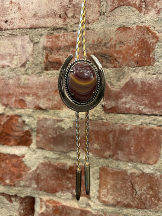 Striped Agate Silver Horseshoe Bolo Tie