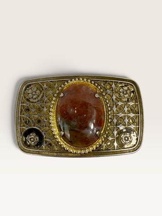 Vintage Red Agate and Floral Engraved Belt Buckle